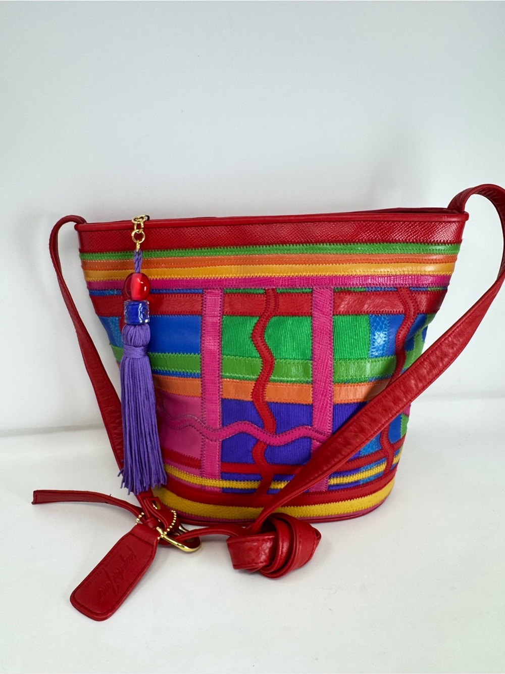 NWOT Vintage Jacqueline Ferrar Multicolor Patchwork Leather Crossbody Bucket Bag